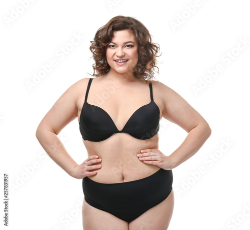 Happy plus size woman on white background. Concept of body positive