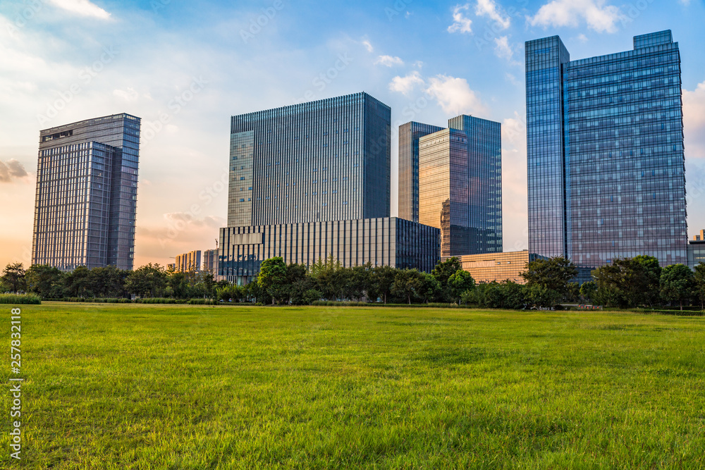 Obraz premium beautiful green meadow near modern office building.