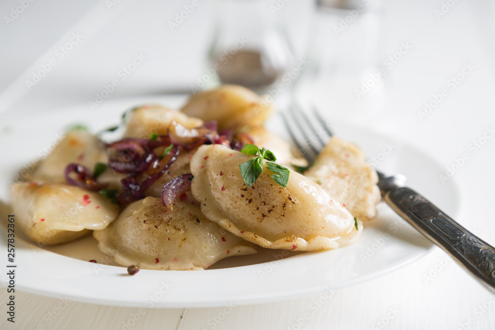 Dumplings, pelmeni, pierogi, with fried onions Dumplings, pelmeni, pierogi, with fried onions