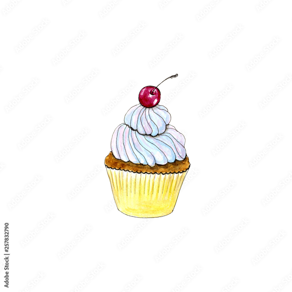 Hand drawn watercolor isolated cupcake with cherry
