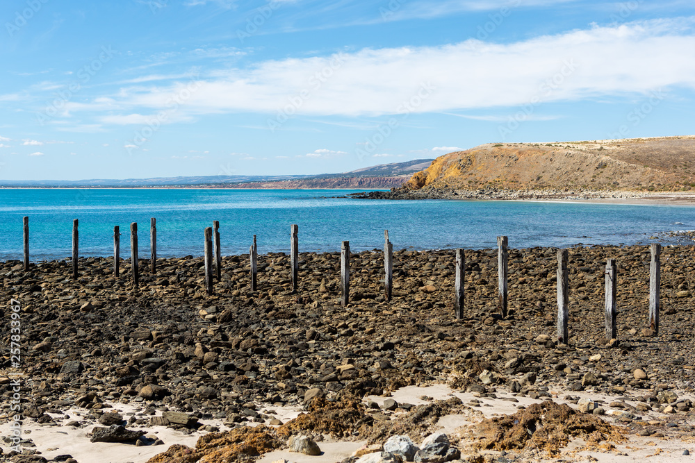 Naklejka premium Ruiny Myponga Jetty w spokojny jasny słoneczny dzień na półwyspie Myponga Beach Fleurieu 27 marca 2019 r.