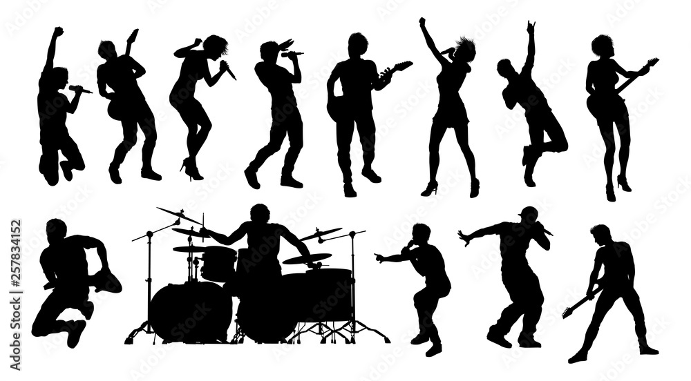 High quality silhouettes of musicians in a rock or pop band with singers, drummers, and guitarists