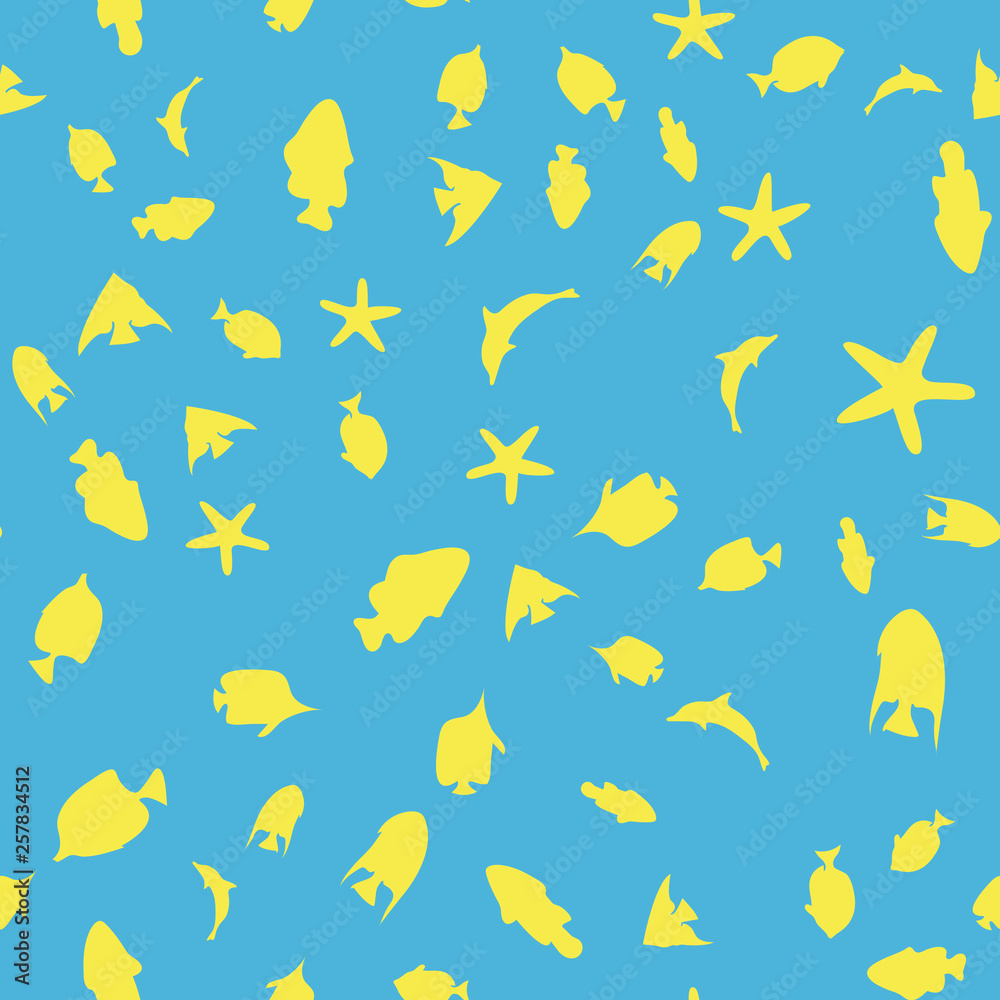 Underwater scene. Colorful fish groups in clean sea water. Seamless vector EPS 10 pattern.