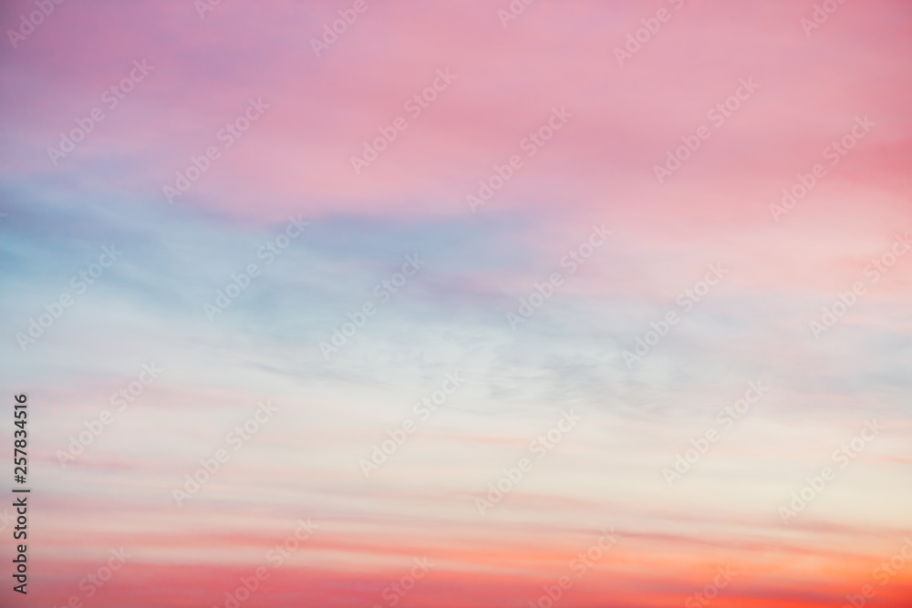 Sunset sky with pink orange light clouds. Colorful smooth blue sky gradient. Natural background of sunrise. Amazing heaven at morning. Slightly cloudy evening atmosphere. Wonderful weather on dawn.