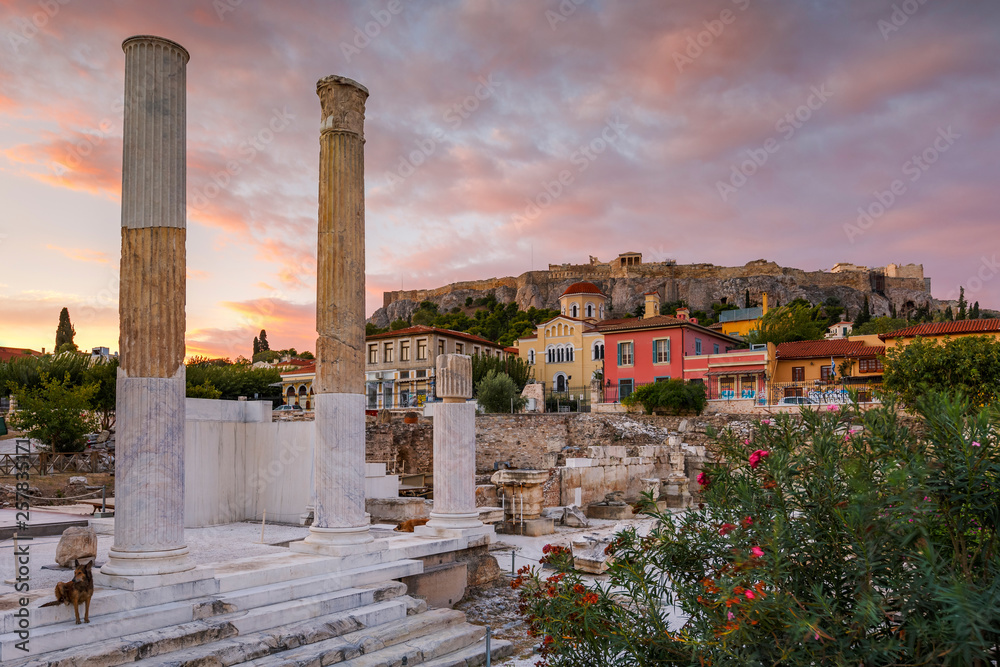 Remains of Hadrian's Library and Acropolis in the old town of Athens, Greece. 