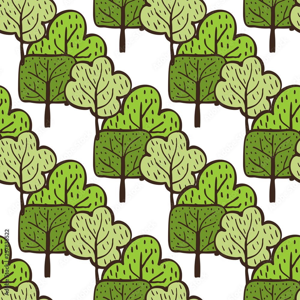 Obraz Vector ecological pattern with hand drawn trees. Green nature background. Doodle cartoon spring and summer seamless pattern.
