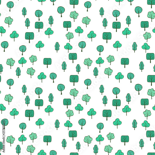 Vector ecological pattern with hand drawn trees. Green nature background. Doodle cartoon spring and summer seamless pattern.