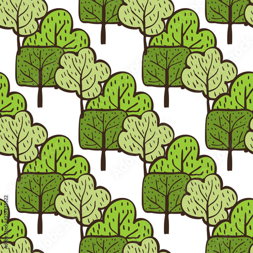 Vector ecological pattern with hand drawn trees. Green nature background. Doodle cartoon spring and summer seamless pattern.