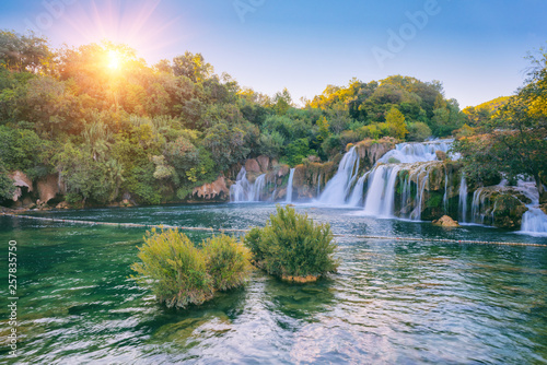 Amazing nature landscape, beautiful waterfall at sunrise, famous Skradinski b...