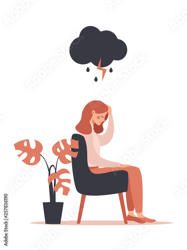 woman feels headache and depression sitting under rainy and stormy cloud. Vector illustration isolated from white background