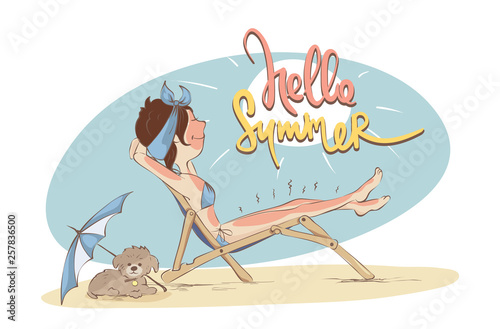 Hello Summer. Young woman is sunbathing on a deck-chair, funny vector illustration	