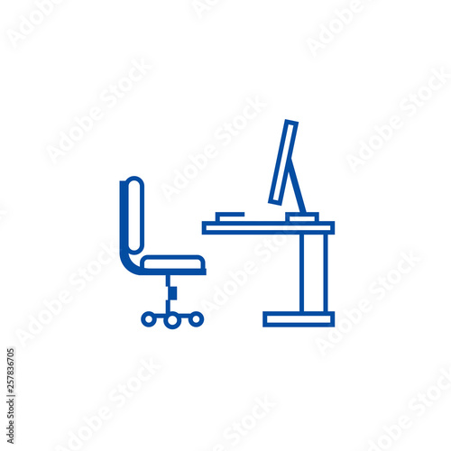 Table,office desk with computer sideview line concept icon. Table,office desk with computer sideview flat  vector website sign, outline symbol, illustration.