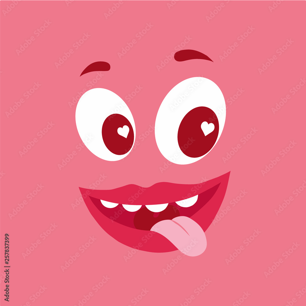 Cute pink monster character in love. Face with tongue sticking out and hearts in eyes. Flat cartoon vector illustration Cute pink monster character in love. Face with tongue sticking out and hearts in eyes. Flat cartoon vector illustration