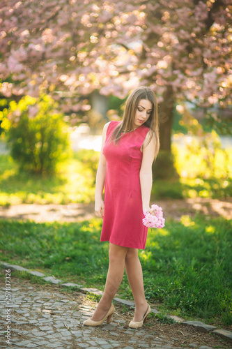 Charming girl in beautiful pink dress hold bunch of sakura in hands. Beautiful european girl near the japanese tree