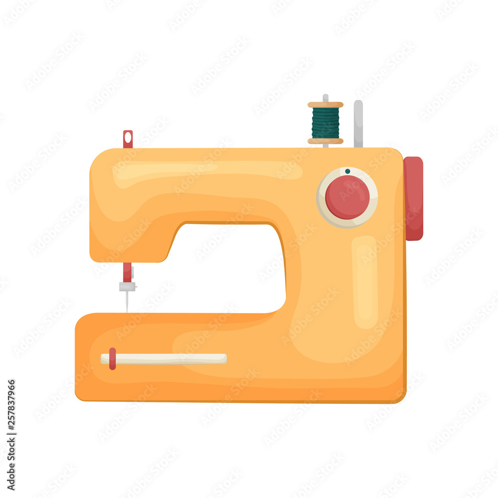 Quality classic model of sewing machine in yellow isolated on white background Quality classic model of sewing machine in yellow isolated on white background