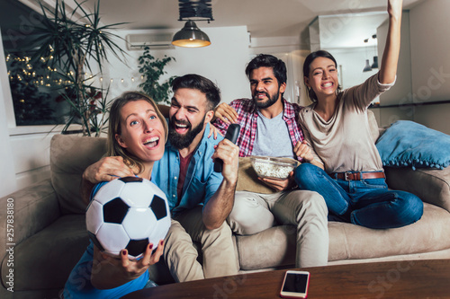 Happy friends or football fans watching soccer on tv and celebrating victory at home.Friendship, sports and entertainment concept. © Mediteraneo