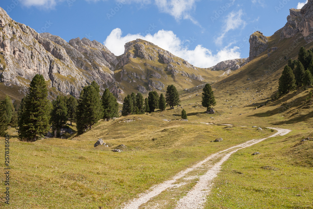 wide autumnal view over a pasture in the val di Funes area Dolomites wide autumnal view over a pasture in the val di Funes area Dolomites