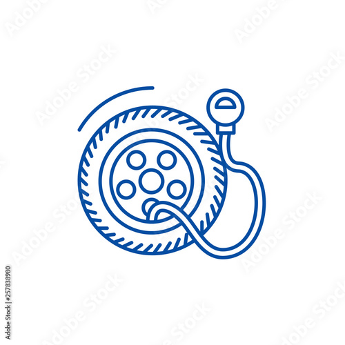 Tire service, pump,tire pressure line concept icon. Tire service, pump,tire pressure flat  vector website sign, outline symbol, illustration.