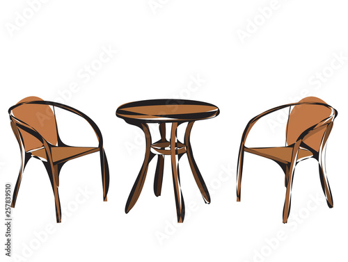 vector, isolated, contour, brown chair and round table