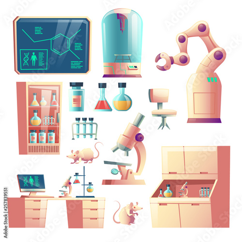Science genetic laboratory equipment, glassware and tools cartoon vector set isolated on white background. Laboratory rats, robotic hand, microscope, desk with computer and glass flasks illustration