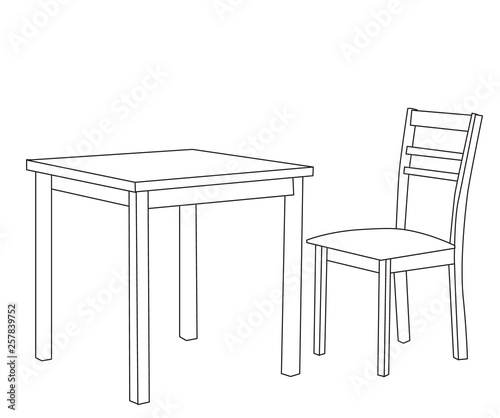 vector, isolated, contour, sketch, table and chair