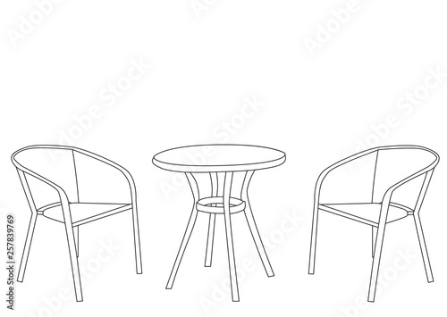 vector, isolated, contour, sketch, round table and two chairs