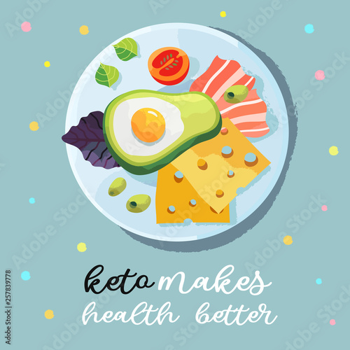 Vector illustration of a ketogenic food for breakfast. Creative card, flyer, poster, blog post. Keto diet theme.