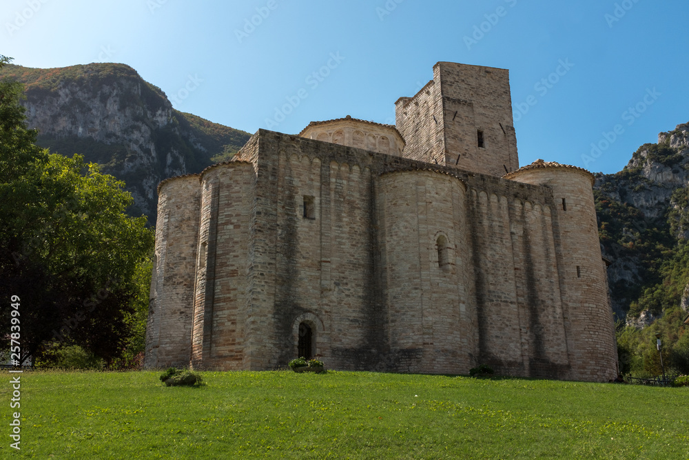 The stunning San Vittore alle Chiuse with it's round towers is a Roman Catholic abbey and church in the comune of Genga, Marche, Italy