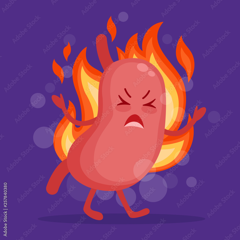 Stomach heartburn cartoon character in flat design. Epigastric burning concept vector illustration.