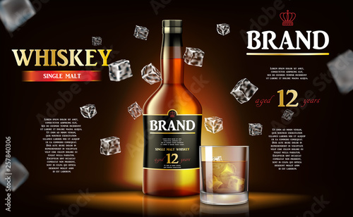 Whiskey ads label design. Realistic glass whiskey bottle with flying ice cubes on dark background. Vector 3d illustration