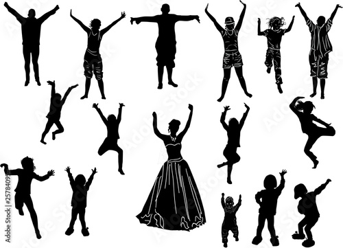 set of sixteen happy people black silhouettes