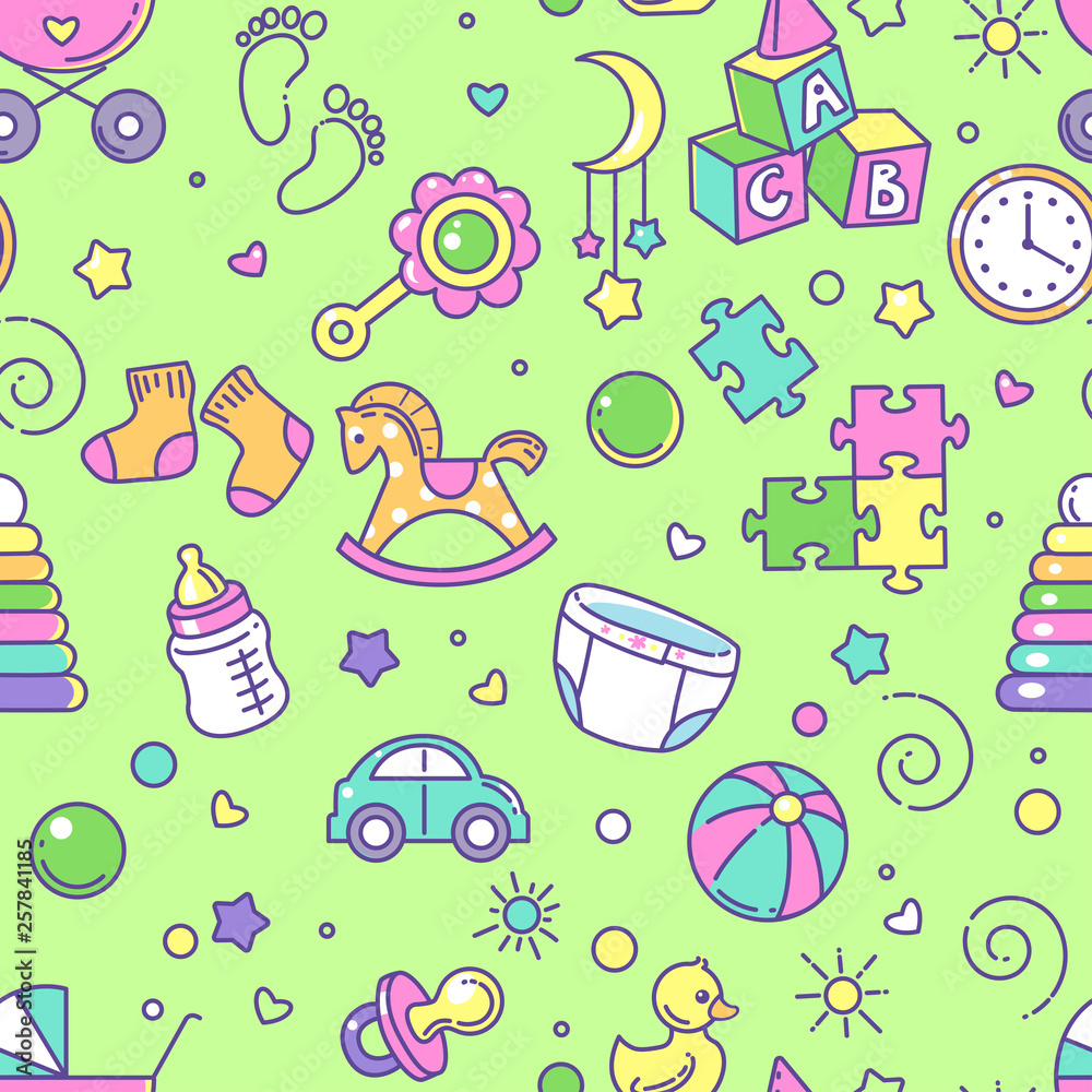 Seamless pattern. Baby objects. Endless background with baby stuff. Background for web site, blog, package. Toys, clothes, icons, symbols of childhood and maternity. Vector illustration. 