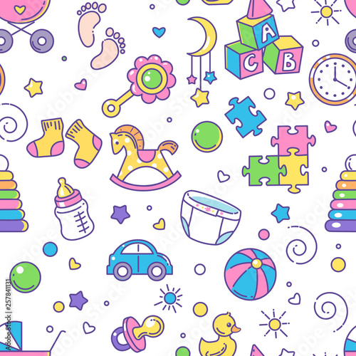 Seamless pattern. Baby objects. Endless background with baby stuff. Background for web site, blog, package. Toys, clothes, icons, symbols of childhood and maternity. Vector illustration. 