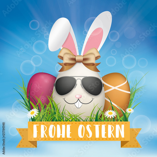 Frohe Ostern Cover mit Ostereiern im Gras und einem Osterhasen mit Sonnenbrille