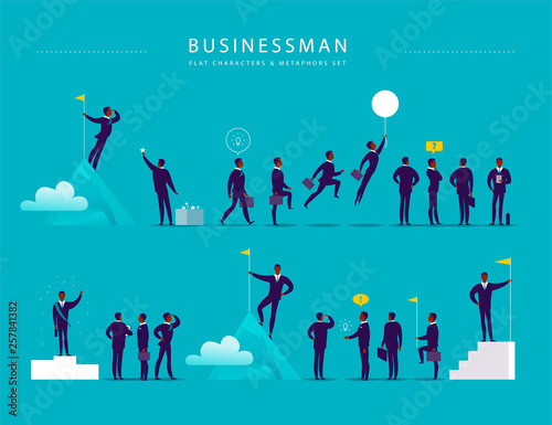Flat illustration with businessman office characters & metaphors isolated on blue background. Concepts portraits for different business situations - leadership, idea, achievement, aspirations.