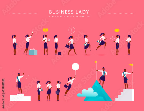 Flat illustration with business lady office characters & metaphors isolated on pink background. Concepts portraits for different business situations - leadership, idea, achievement, aspirations