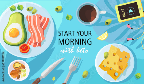 Vector illustration of a stylized ketogenic breakfast. Summer theme. Creative concept for a banner, landing page, flyer, blog post or poster.