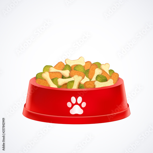 red pet dog bowl  dish with dog dry food isolated on white background, vector illustration graphic