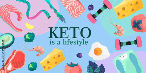 Vector illustration for a banner or other promotional materials. Ketogenic diet products on a colorful background. A set of healthy food.