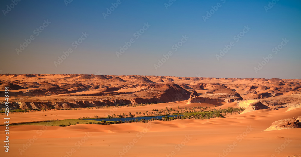 Naklejka premium Panoramic Aerial view to Djiara, Ahoita, Daleyala and Boukkou lakes group of Ounianga Serir lakes at the Ennedi, Chad