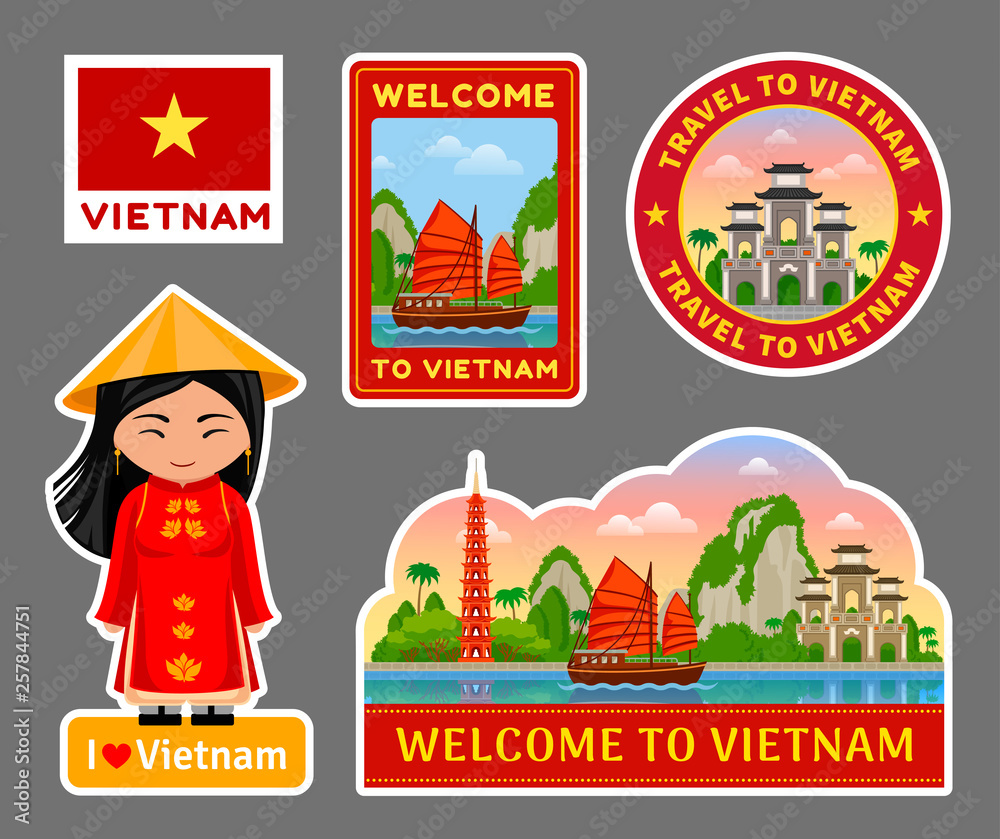 Fototapeta premium Set of vietnamese travel stickers. Attractions, places, monuments and symbols. Vector flat illustration
