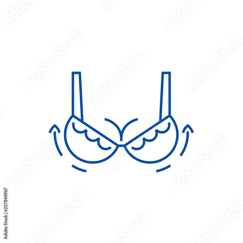 Woman bra,breast augmentation,surgery line concept icon. Woman bra,breast augmentation,surgery flat  vector website sign, outline symbol, illustration.