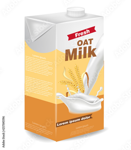 Oat milk package isolated on white Vector realistic. Product placement mock u...