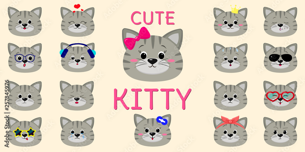 Cute gray striped cat, mega set of different emotions. Cartoon style, flat design, vector illustration Cute gray striped cat, mega set of different emotions. Cartoon style, flat design, vector illustration
