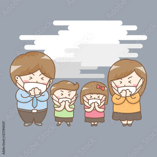 Design elements vector of cute family cartoon character in unhealthy air quality condition PM2.5. Kawaii cartoon characters under air pollution environment.