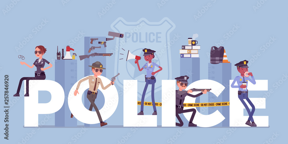 Police giant letters with male and female officers. Policemen in uniform, working for prevention and detection of crime, carry professional duty of maintaining law, public order. Vector illustration