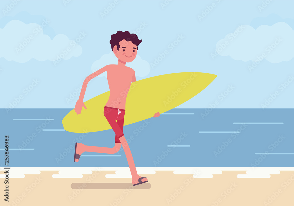Surfer boy on a beach. Young sporty man on a sea shore with a surfboard running to ride on a wave, happy active guy enjoys extreme sport on holiday, recreational summer activity. Vector illustration