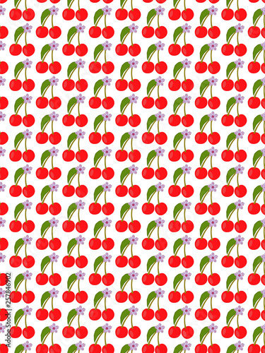 Seamless pattern with red berries cherry, pink flowers with leaves on white background. Isolated vector illustration in flat style.