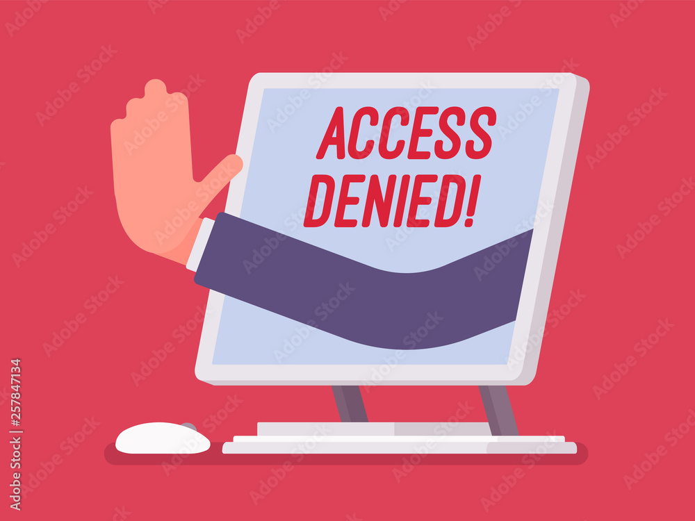 Access denied sign on monoblock screen. Hand from device showing user
