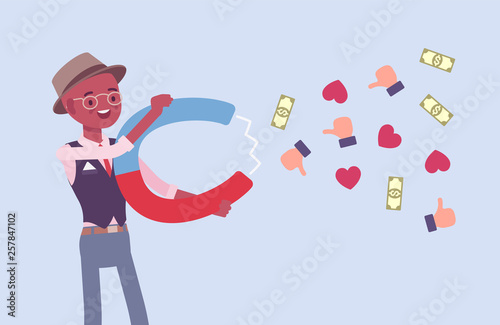 Popular male blogger attracting audience as magnet. Young happy boy writes material for a blog, marketing, social media texts with powerful attraction, earns money and success. Vector illustration